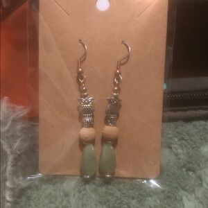 Green Bead Owl Drop Earrings with Wood Accents